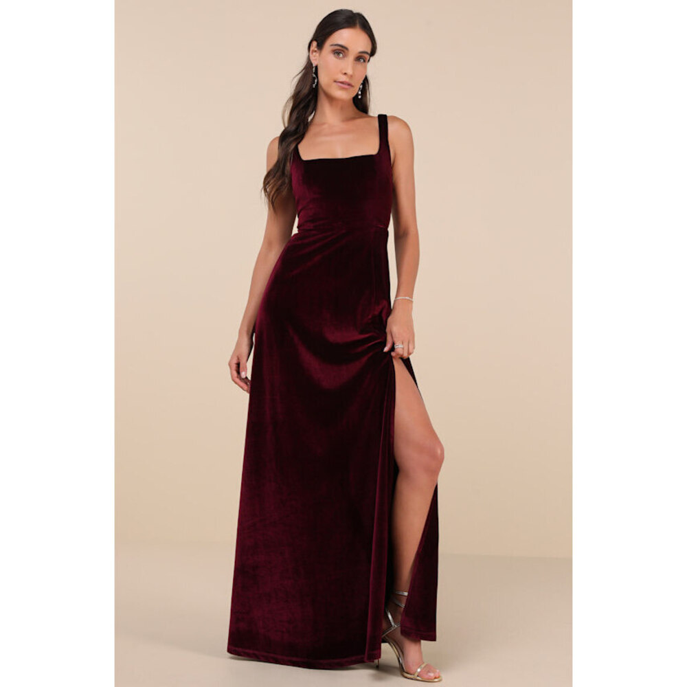 Lulus Graceful Invite Dark Plum Velvet Square Neck Lace-up Maxi Dress Purple